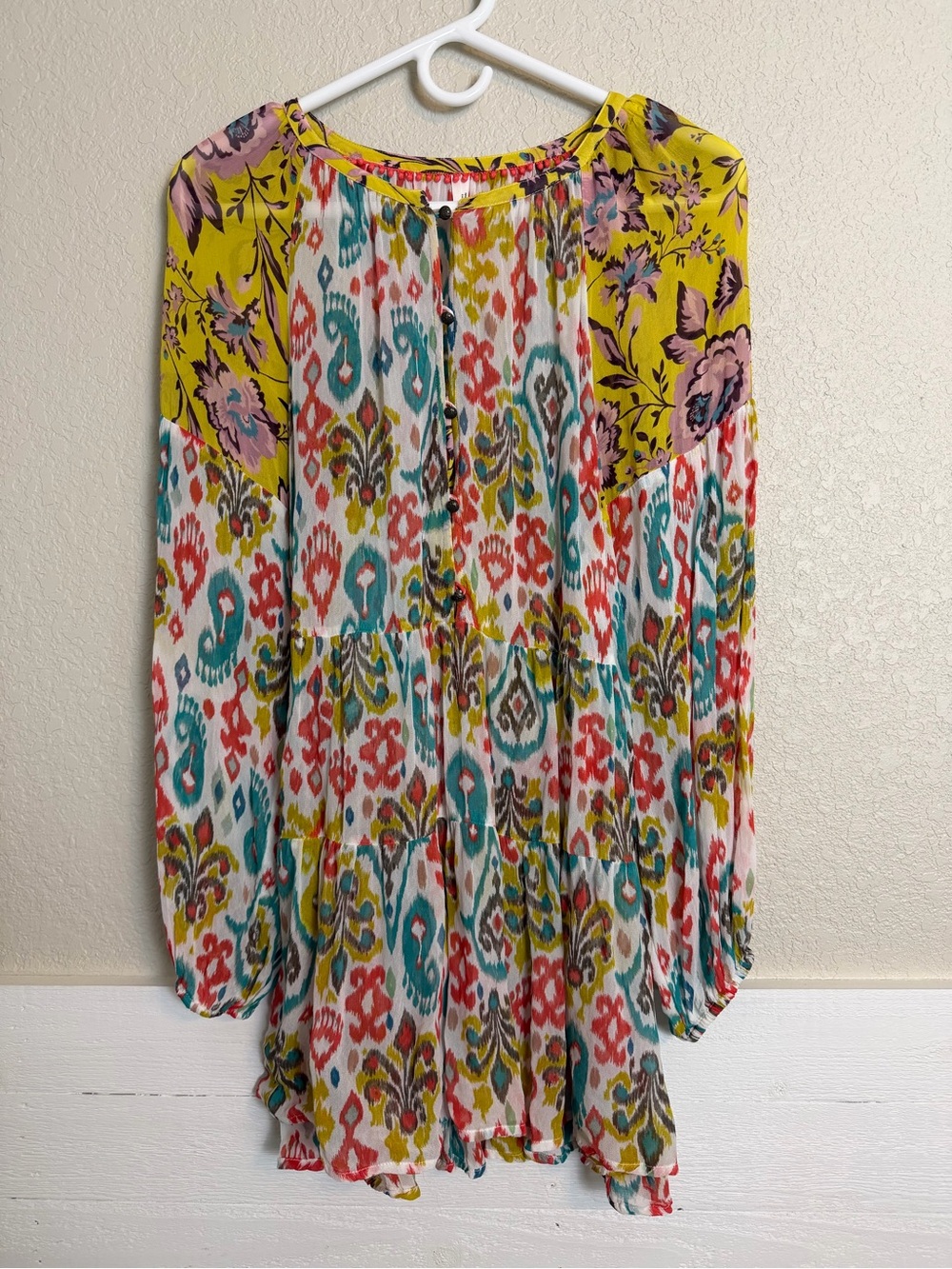 By Anthropologie Boho Multicolor Printed Sheer Tunic Babydoll Top Blouse Medium